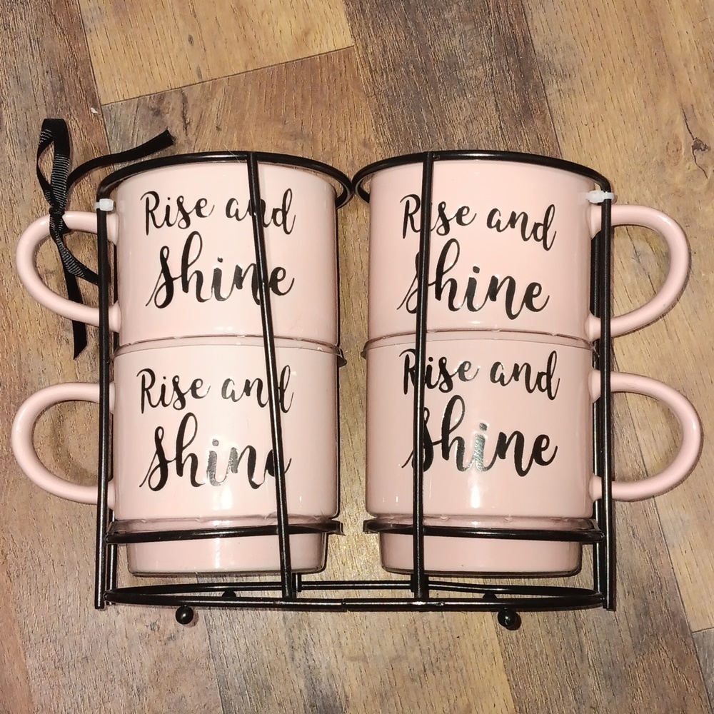 Nicole Miller “RISE AND SHINE” Pink Set Of 4 Coffee Mugs/Cups & Rack